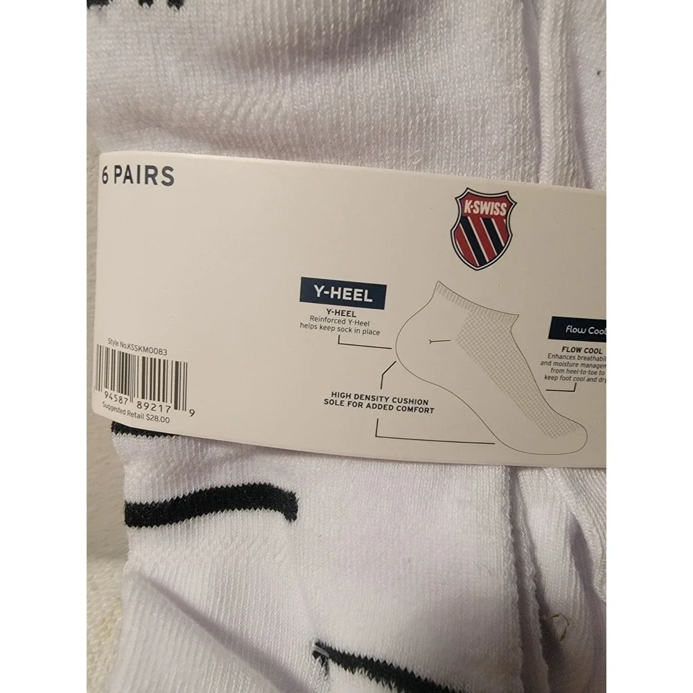 K-Swiss Men's Athletic Low-Cut Socks 6 Pairs, White, Men's‎ Shoe Size 6-12.5 NEW